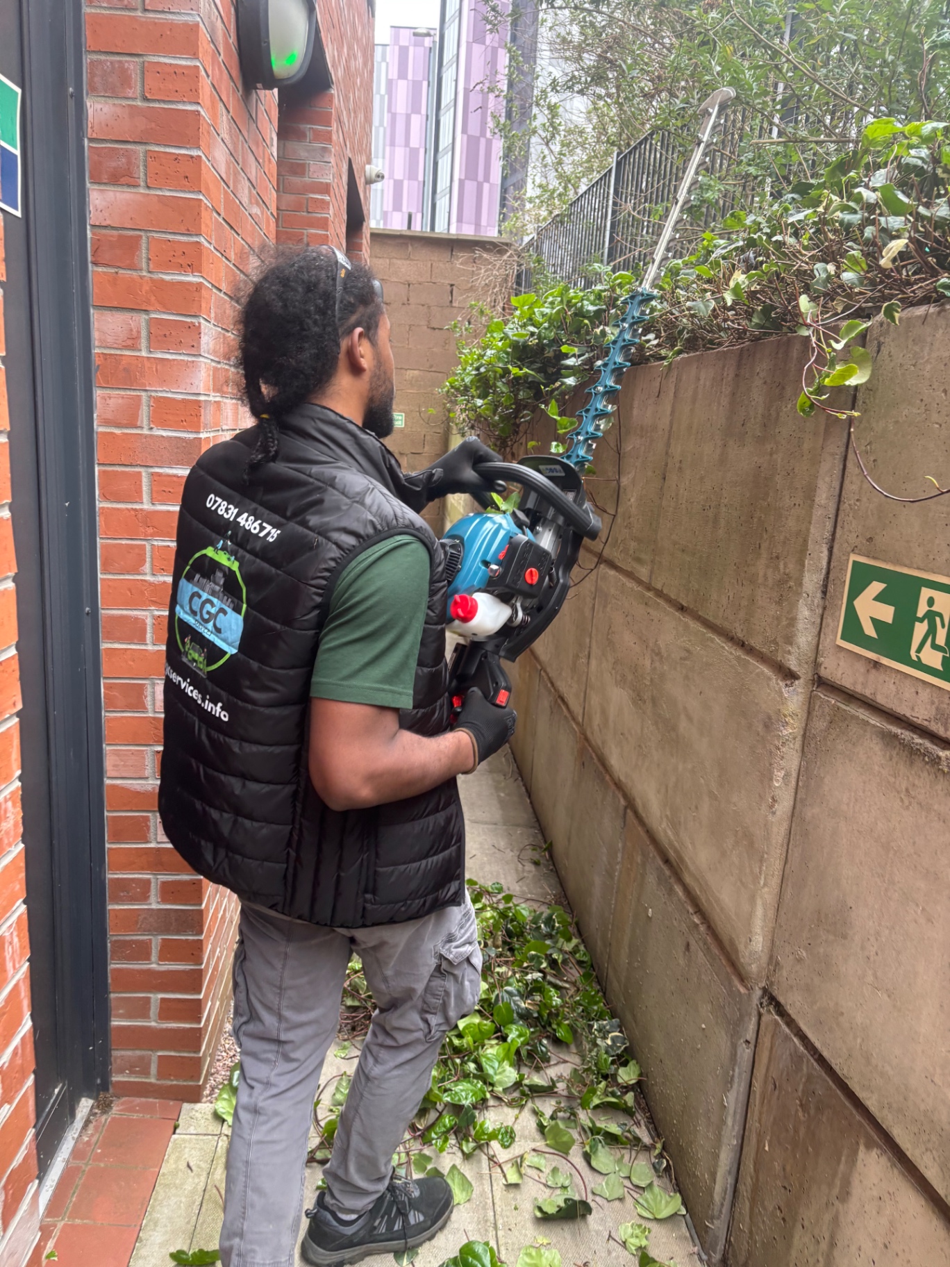 CGC Services team member trimming ivy and hedges with professional equipment